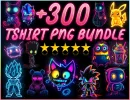 Paquete de más de 300 camisetas PNG con personajes de dibujos animados con brillo neón y dise...webp