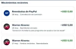 lista de transacciones paypal recientes con el reembolso de warner alvarez.webp