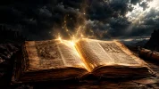 Libro antiguo bajo un cielo tormentoso.webp